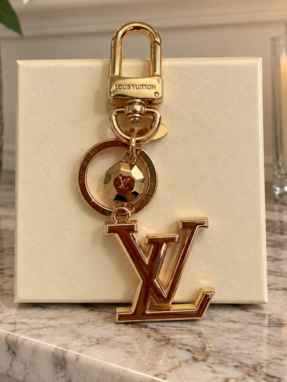 Gold Tone Initial Charm Keychain Brown Enamel Luxury Style Bag Charm